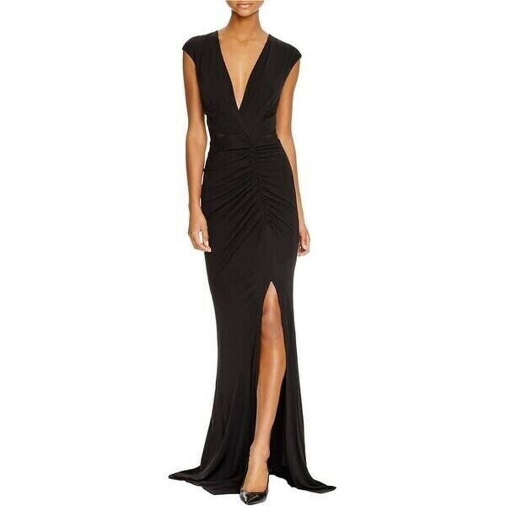 ABS Allen Schwartz Black Ruched V-Neck Cap Sleeve Prom Gown